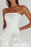 Bianco senza spalline A Line Tiered Matte Satin Graduation Dress