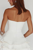 Bianco senza spalline A Line Tiered Matte Satin Graduation Dress