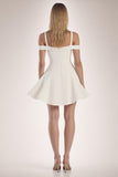 Off The Shoulder Bianco A Line Ruffles Satin Mini Abito Laurea