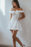 Bianco Off La Spalla A Line Ruffles Pizzo Abito Breve Laurea