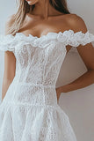 Bianco Off La Spalla A Line Ruffles Pizzo Abito Breve Laurea