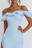 sirena cielo blu Off The Shoulder Ruffles abito lungo formale