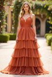 Terracotta A Line V-Neck Ruffled Abito da ballo lungo