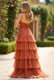 Terracotta A Line V-Neck Ruffled Abito da ballo lungo