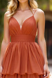 Terracotta A Line V-Neck Ruffled Abito da ballo lungo