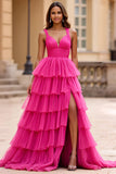 Fucsia A Line V-Neck Tulle Abito da ballo lungo con volant