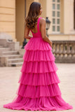Fucsia A Line V-Neck Tulle Abito da ballo lungo con volant