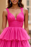 Fucsia A Line V-Neck Tulle Abito da ballo lungo con volant