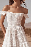 Bianco Off the Spalla Pizzo High-Low Boho Abito da sposa