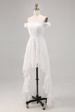 Bianco Off the Spalla Pizzo High-Low Boho Abito da sposa
