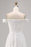 Bianco Off the Spalla Pizzo High-Low Boho Abito da sposa