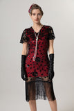 Abito scintillante nero dorato con scollo a V 1920s con maniche corte