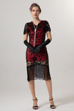 Abito scintillante nero dorato con scollo a V 1920s con maniche corte