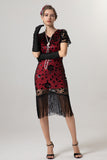 Abito scintillante nero dorato con scollo a V 1920s con maniche corte