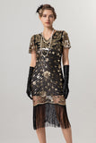 Abito scintillante nero dorato con scollo a V 1920s con maniche corte