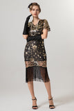 Abito scintillante nero dorato con scollo a V 1920s con maniche corte