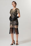 Abito scintillante nero dorato con scollo a V 1920s con maniche corte