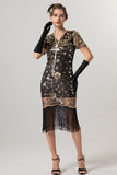 Abito scintillante nero dorato con scollo a V 1920s con maniche corte