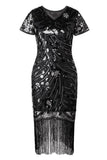 Abito scintillante nero dorato con scollo a V 1920s con maniche corte