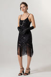 Abito Flapper con paillettes dorate nero 1920s con tasles