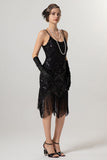 Abito Flapper con paillettes dorate nero 1920s con tasles