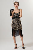Abito Flapper con paillettes dorate nero 1920s con tasles