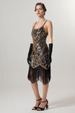 Abito Flapper con paillettes dorate nero 1920s con tasles