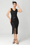 Abito Flapper Midi con Frange con Paillettes Bordeaux Nero