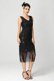 Abito Flapper Midi con Frange con Paillettes Bordeaux Nero