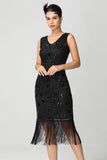 Abito Flapper Midi con Frange con Paillettes Bordeaux Nero