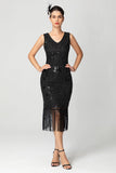 Abito Flapper Midi con Frange con Paillettes Bordeaux Nero