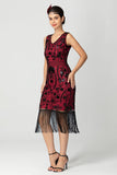Abito Flapper Midi con Frange con Paillettes Bordeaux Nero