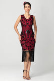 Abito Flapper Midi con Frange con Paillettes Bordeaux Nero