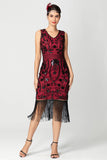 Abito Flapper Midi con Frange con Paillettes Bordeaux Nero