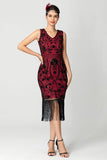 Abito Flapper Midi con Frange con Paillettes Bordeaux Nero