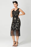 Abito Flapper Midi con Frange con Paillettes Bordeaux Nero