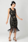 Abito Flapper Midi con Frange con Paillettes Bordeaux Nero