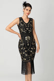 Abito Flapper Midi con Frange con Paillettes Bordeaux Nero
