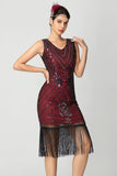 paillettes frangiato nero borgogna 1920s abito con perline