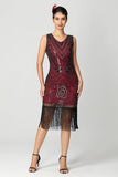 paillettes frangiato nero borgogna 1920s abito con perline