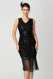 Guaina con frange paillettes scollo a V nero Bugundy 1920s Dress