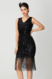 Guaina con frange paillettes scollo a V nero Bugundy 1920s Dress