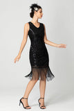 Guaina con frange paillettes scollo a V nero Bugundy 1920s Dress