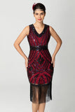Guaina con frange paillettes scollo a V nero Bugundy 1920s Dress