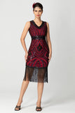 Guaina con frange paillettes scollo a V nero Bugundy 1920s Dress