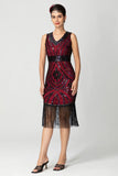 Guaina con frange paillettes scollo a V nero Bugundy 1920s Dress