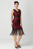 Guaina con frange paillettes scollo a V nero Bugundy 1920s Dress