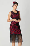 Guaina con frange paillettes scollo a V nero Bugundy 1920s Dress
