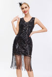 Sparkly nero dorato scollo a V guaina Gatsby 1920s abito con tasles