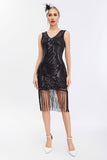 Sparkly nero dorato scollo a V guaina Gatsby 1920s abito con tasles